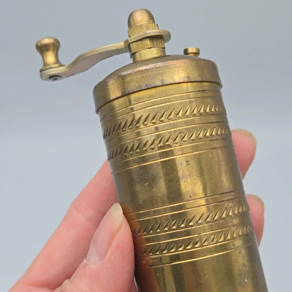 Vintage Brass Turkish Spice Pepper Mill Grinder Hand Crank Ornate Etched Design